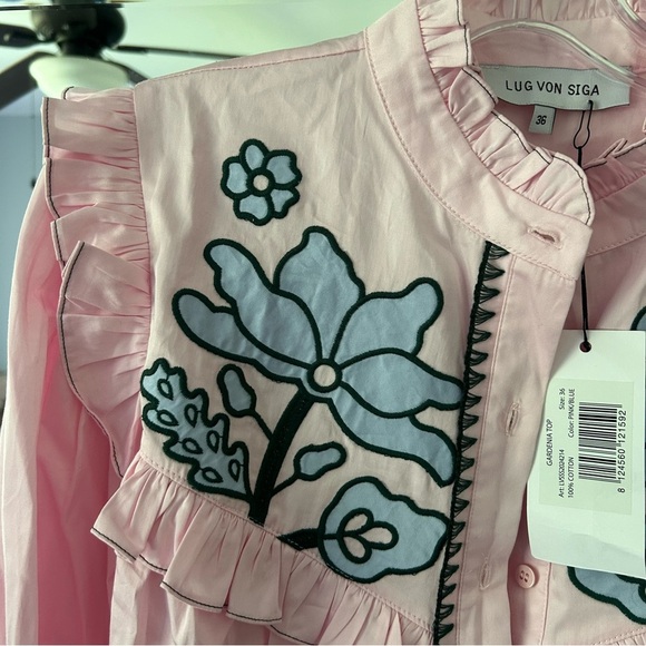 NWT lug von siga GARDENIA TOP ruffle collar preppy pink floral - Picture 4 of 8